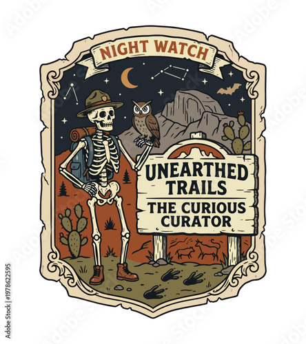 Skeleton wearing a ranger hat and backpack holds an owl standing next to a desert sign with mountains and stars above during a night watch vintage retro t shirt design