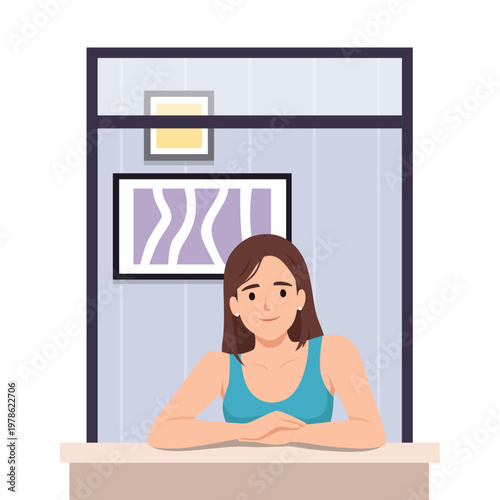 Relaxed young woman sitting at table at home, calm lifestyle scene. Flat vector illustration isolated on white background