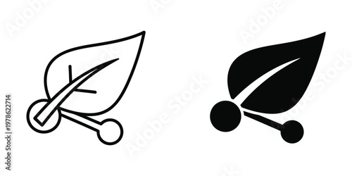 Scissors cutting a leaf versus a black silhouette of a bird in flight with a leaf tail