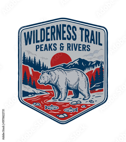 Vintage wilderness trail emblem with a grizzly bear by a river and mountains under a red sun depicting a natural landscape scene vintage retro t shirt design
