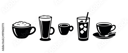 Cappuccino cup with foam, latte glass cup, espresso small cup, iced coffee tall glass, tea cup with saucer, bold black silhouette