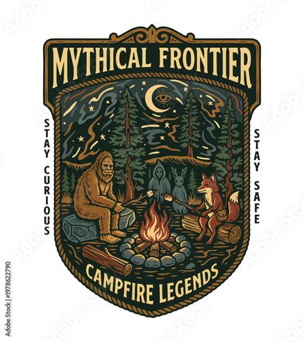 Whimsical forest scene depicts Bigfoot a fox and mysterious figures gathered around a glowing campfire toasting marshmallows under a starry night sky and crescent moon vintage retro t shirt design