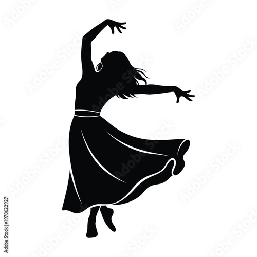 Silhouette of a woman in a flowing dress dancing with arms outstretched and head tilted back, captured in a graceful pose