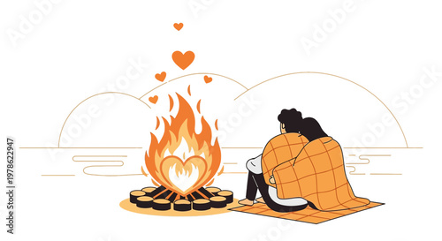 Couple Embracing by Bonfire with Heart Flames and Floating Hearts