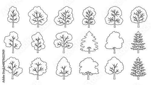 Collection of diverse tree outline vector icons illustrating various plant shapes and sizes