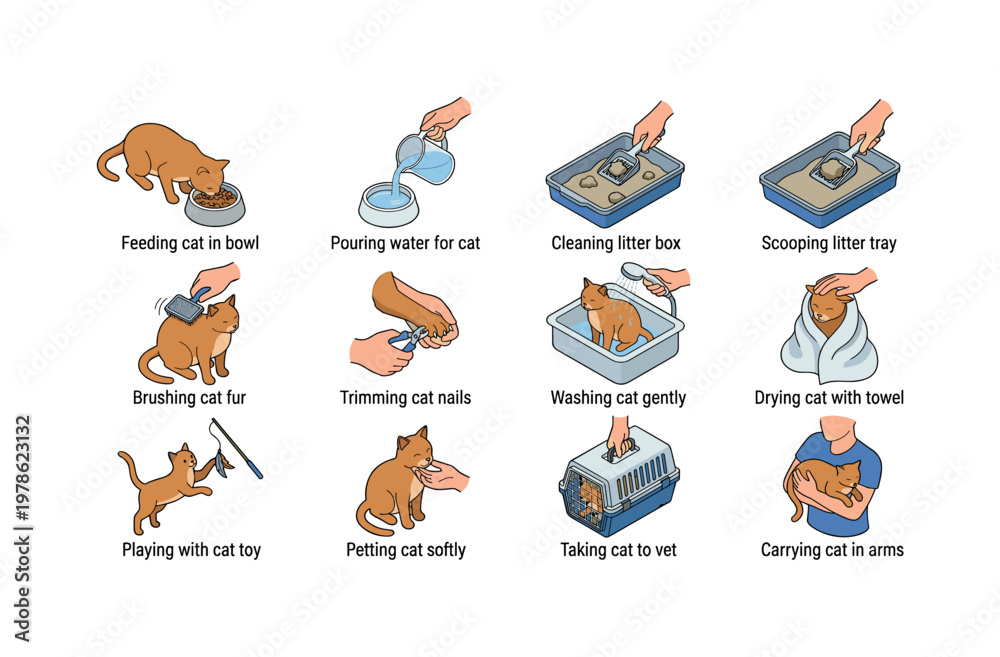 Fototapeta premium Feeding cat in bowl, pouring water for cat, cleaning litter box, scooping litter tray, brushing cat fur, trimming cat nails,