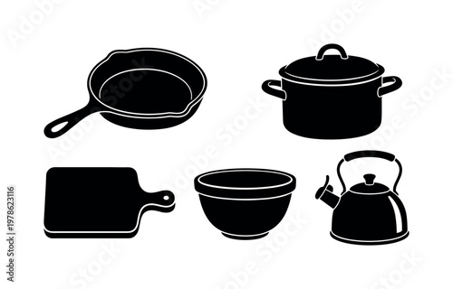Cast iron skillet pan, enamel cooking pot with lid, wooden cutting board slab, ceramic mixing bowl, metal kettle with handle, bold