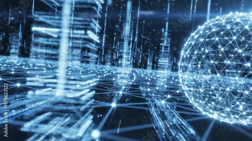 Futuristic digital network concept showing a glowing global sphere and data lines in a smart city environment.