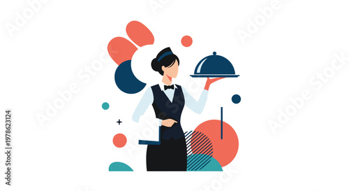 Professional female waitress in uniform holding a silver serving tray with a dome cloche against an abstract background of colorful circles.