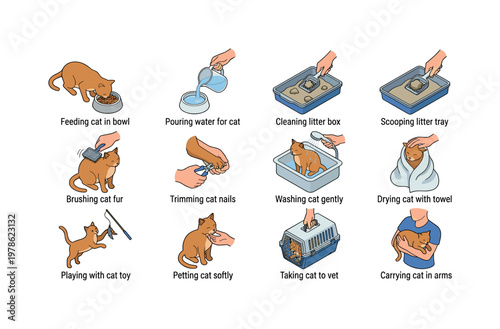Feeding cat in bowl, pouring water for cat, cleaning litter box, scooping litter tray, brushing cat fur, trimming cat nails,
