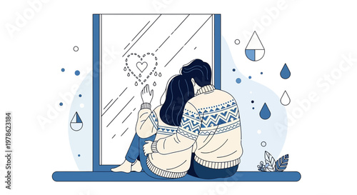 Couple Embracing by Window, Drawing Heart on Steamy Glass, Rainy Day Love