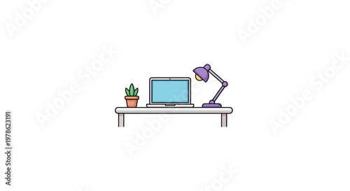 Desk with computer and lamp.