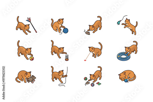 Cat chasing feather wand, cat batting yarn ball, cat pouncing on toy mouse, cat jumping for teaser, cat playing with bell ball,