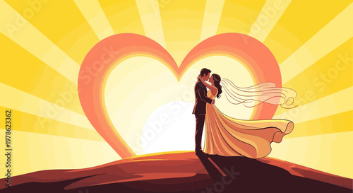 Couple Embracing in Heart Shaped Sunset - Love and Romance