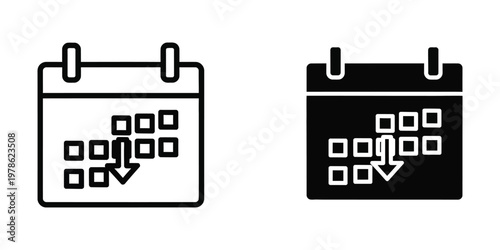Calendar icons showing filled and empty date selection with directional arrows.