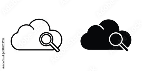 Contrast between line art and filled cloud icons with magnifying glasses