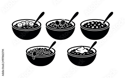 Collection of five black and white icons depicting bowls of cereal with various toppings