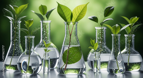 A collection of glass beakers with green plants growing in water