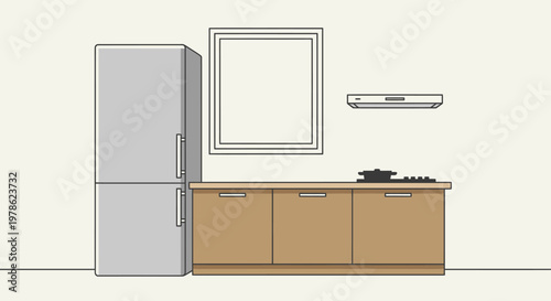Modern vector illustration of a kitchen interior featuring an open refrigerator with cold food storage and metal furniture design