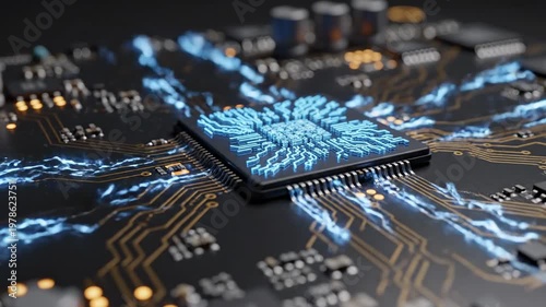 Advanced artificial intelligence processor glowing with blue light on a digital circuit board.