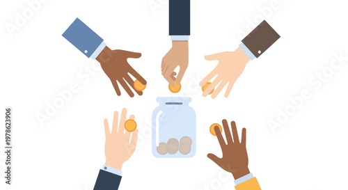 Diverse hands putting coins in jar.