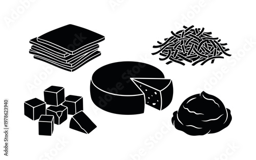 Cheese varieties including sliced cheese stack, grated cheese pile, cheese cubes pieces, cheese wheel round, cheese spread portion