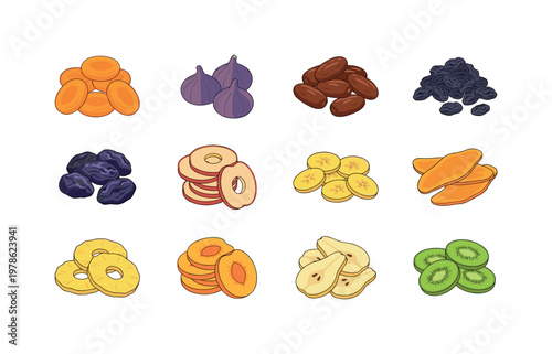 Assortment of dried fruits including apricots, figs, dates, raisins, and more