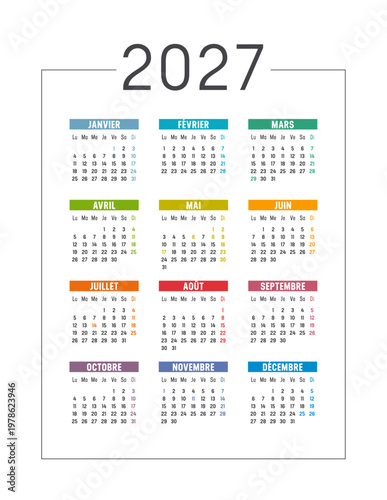 Year 2027 colorful calendar in French on white background, France vacations, vertical vector template