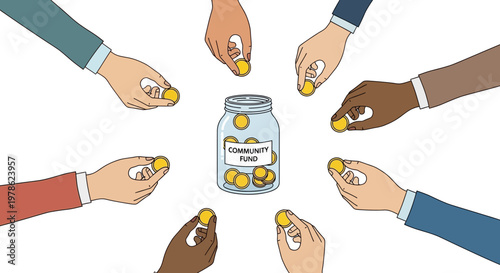 Diverse hands holding coins around jar.