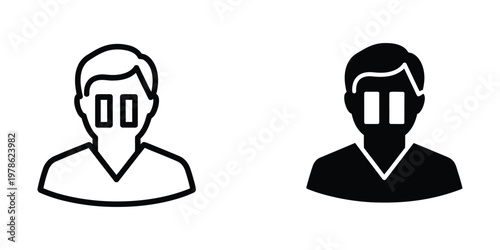 Contrasting silhouettes of men with white rectangular eyes in different attire styles