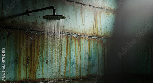 A rusty shower head with water running in a dimly lit bathroom
