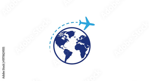 Airplane flying around the globe world.