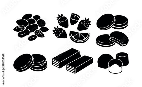 Chocolate coated sweets including chocolate covered nuts, chocolate dipped fruit pieces, chocolate covered biscuits, chocolate