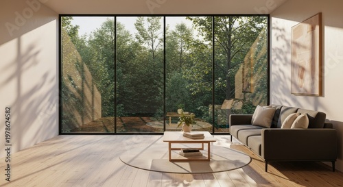Modern interior with large window overlooking lush green trees and natural light