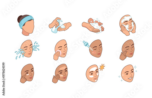 Face washing step icon, applying cleanser, foaming on face, rinsing face, pat drying face, skincare routine step, morning routine