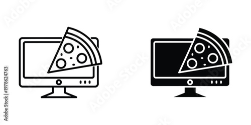 Pizza slices displayed on computer monitors with different screen styles