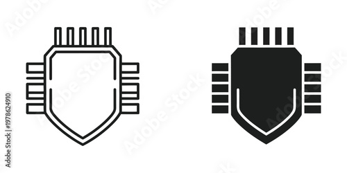 Contrast between outlined and filled network security shield icons with connectors
