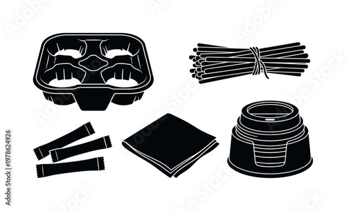 Takeaway coffee accessories including cup carrier tray, wooden stir sticks bundle, sugar packet sachets, napkin folded, lid holder