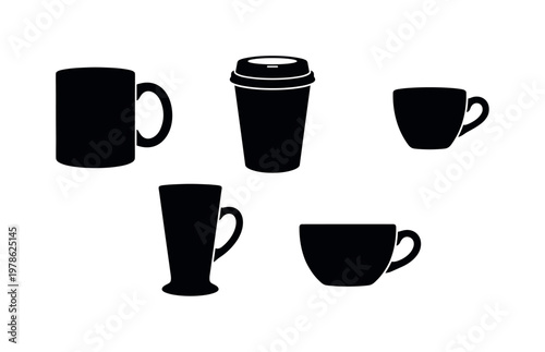 Coffee cups including ceramic coffee mug, takeaway coffee cup, espresso cup small, latte glass tall, cappuccino cup wide, bold