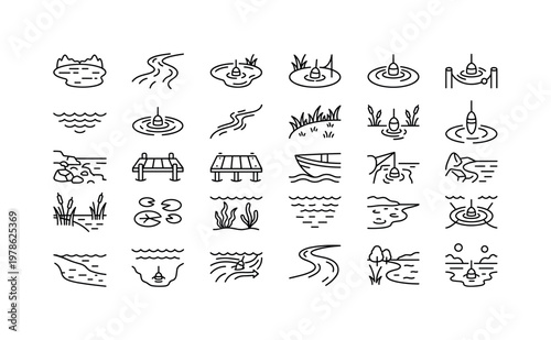 Fishing float environments with lakes rivers ponds water surfaces and outdoor fishing locations clean monoline outline icon set