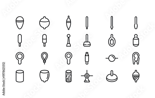 Fishing float parts with stems bodies tips weights rings and structural components clean monoline outline icon set showing exactly