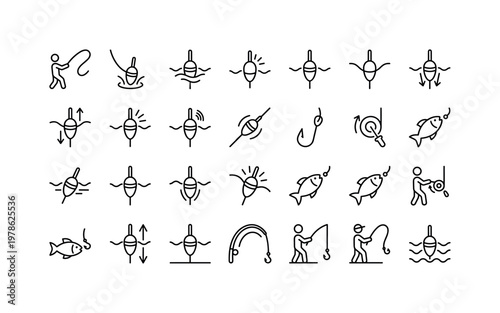 Fishing float usage with casting waiting bite detection reeling and angling actions clean monoline outline icon set showing
