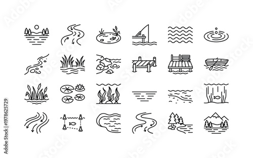 Fishing hook environments with lakes rivers ponds water surfaces and outdoor fishing locations clean monoline outline icon set