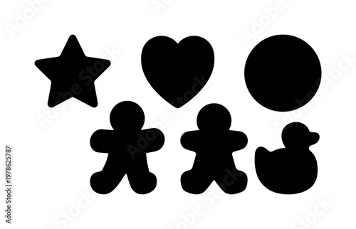 Collection of black cookie cutters in various shapes on a white background
