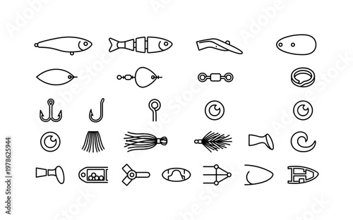 Fishing lure components with hooks bodies blades skirts eyes bills and structural lure parts clean monoline outline icon set