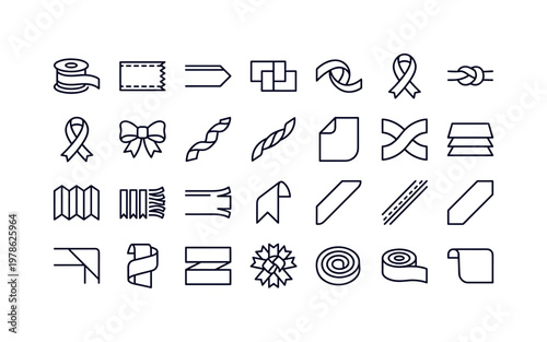 Floral ribbon parts with spools, edges, ends, bows, loops, and structural details clean monoline outline icon set showing exactly