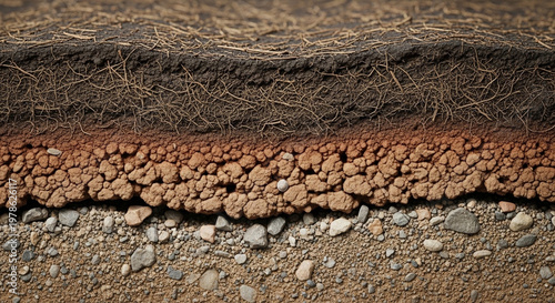 A cross-section of soil layers with roots and rocks visible