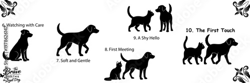 Black and white dog silhouettes with scattered text and patterns