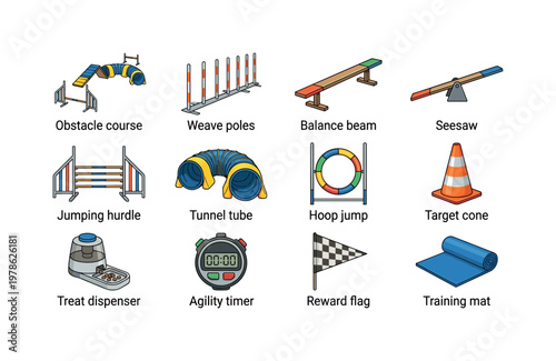Agility and exercise training with obstacle course, weave poles, balance beam, seesaw, jumping hurdle, tunnel tube, hoop jump,