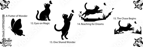 Black cat silhouettes and text collage a whimsical and mysterious composition